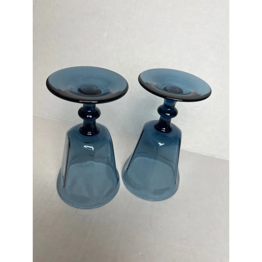 Vintage Lenox Glass Water Goblets Paneled Stemware Set/2 Smoke Blue Made in USA